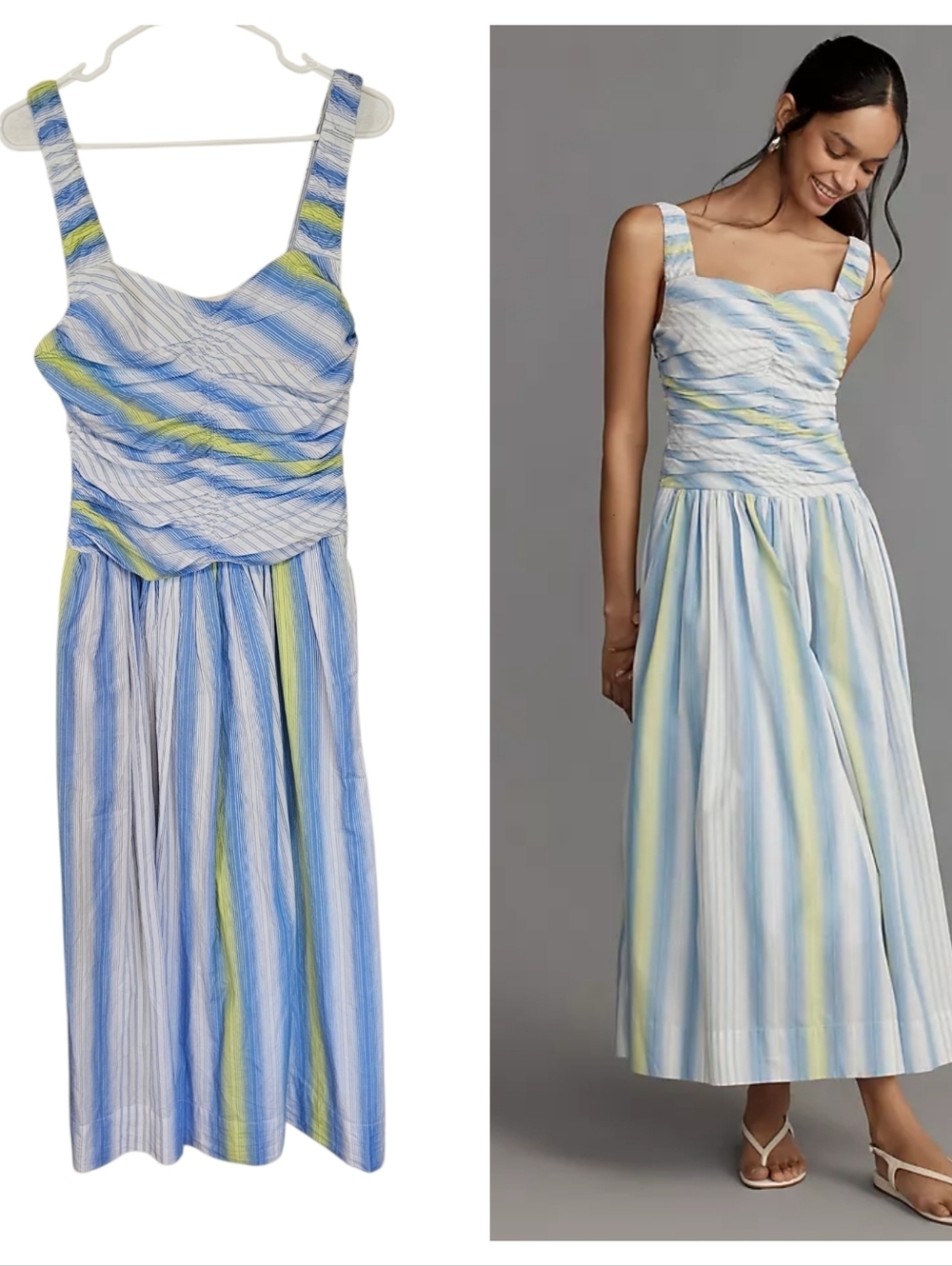 Anthropologie Square Neck Drop Waist Mwxi Striped Ruched Bodice